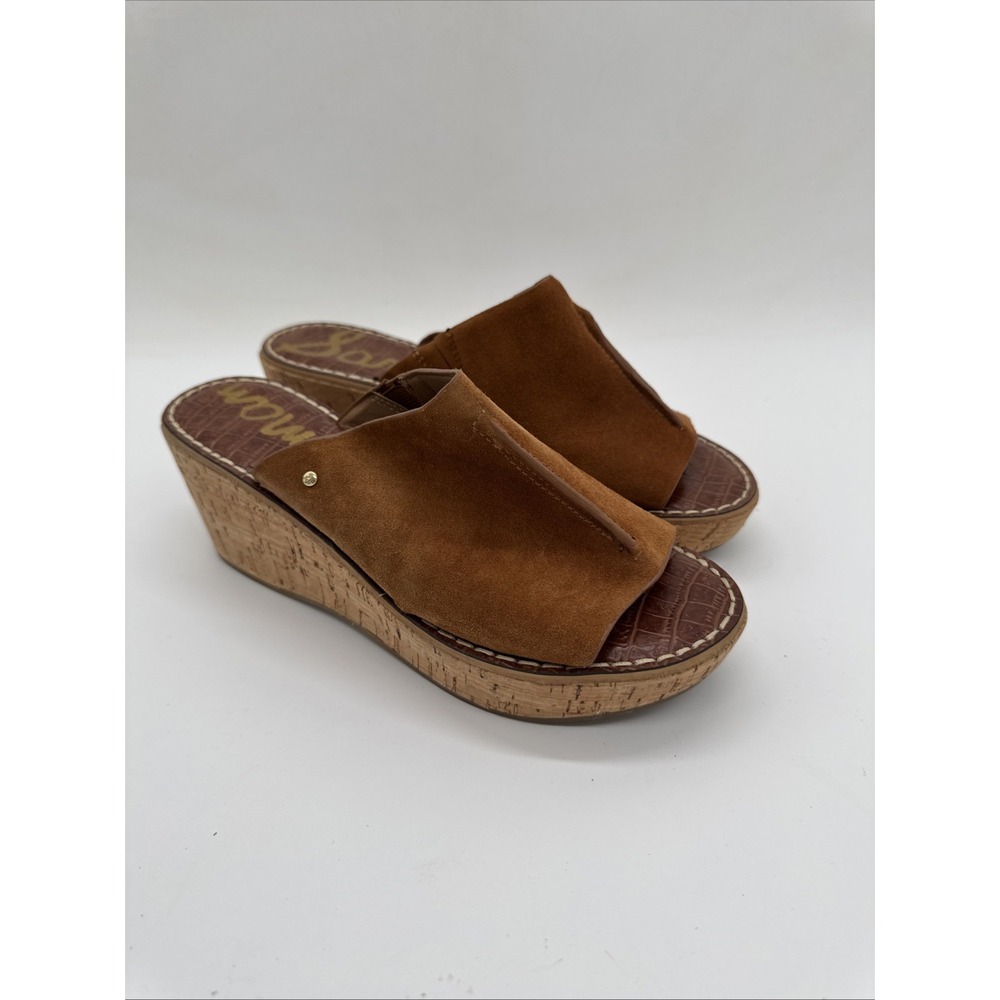 Sam Edelman Wedge Sandals Sz 8 Ranger Camel Brown Slip On Peep Toe Shoes